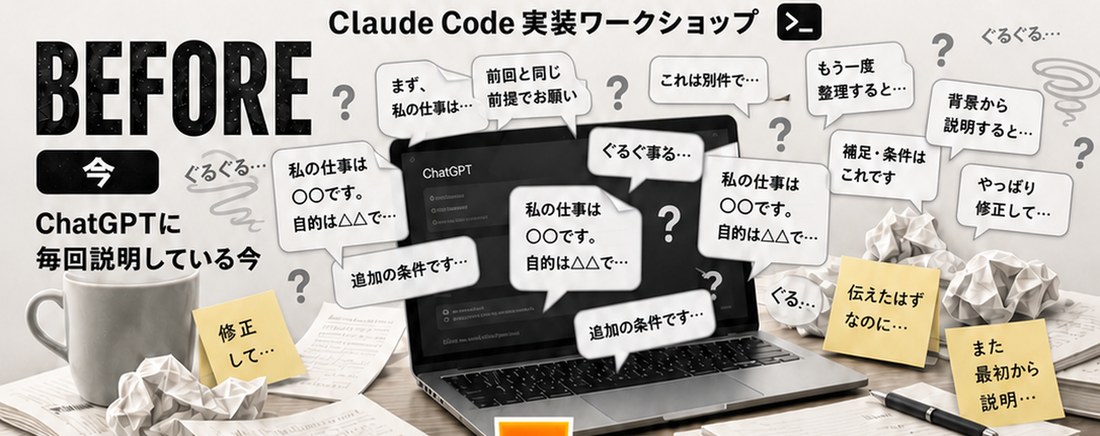 BEFORE：吹き出しと丸めた紙で埋まった机
